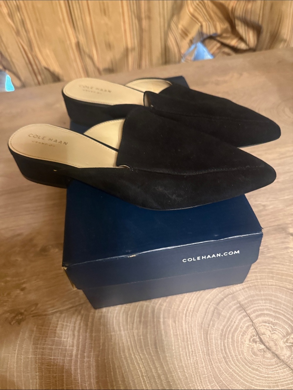 Cole Haan Black Suede Pointed Toe Mule Slides